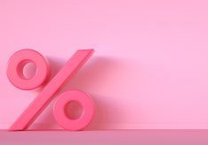 Percentage icon on pink background with copy space. Sales concept. 3d render